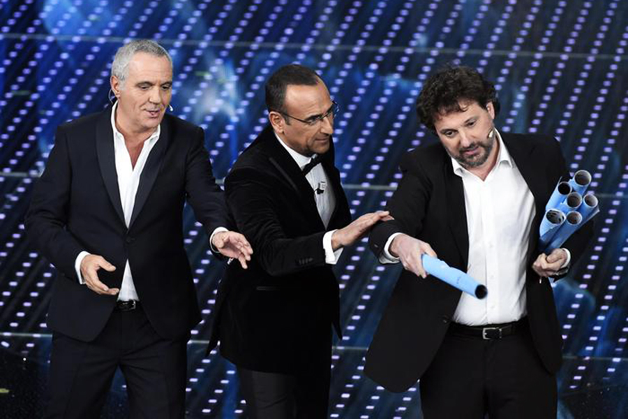 Carlo Conti con Leonardo Pieraccioni e Giorgio Panariello a Sanremo 2016